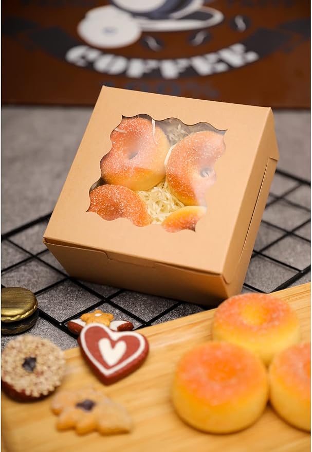 Bakepacker 60pcs Kraft Bakery Boxes with Window 6x6x3 inches Thick & Sturdy Macaroon Pastry Boxes Cookie Boxes for Bakerys