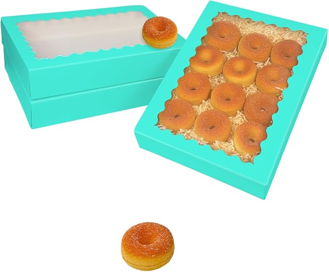 qiqee Auto-pop Up Mint Blue Cookie Box with Window 14x10x2.5 inch 24Pcs Bakery Pastry Macaron Bakery Box For Packaging