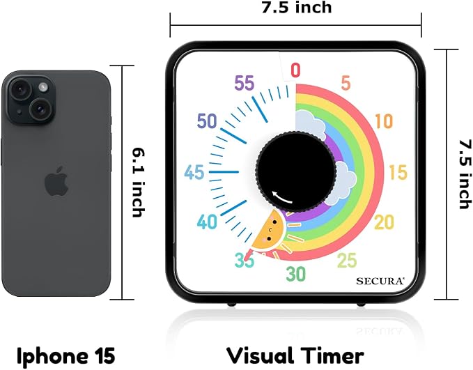 Secura 60-Minute Visual Timer, 7.5 Inch Magnetic Rainbow Countdown Timer for Classroom or Kitchen, Durable Mechanical Timer Clock with Magnetic Backing (Black & Sun)