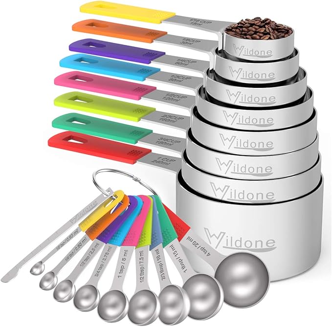 Wildone Measuring Cups & Spoons Set of 18 - Includes 8 Stainless Steel Nesting Measuring Cups, 9 Measuring Spoons, 1 Leveler, Ideal for Dry and Liquid Ingredients | Stainless Steel Kitchen Gadgets for Cooking & Baking, Heavy Duty for Measuring Dry/Liqu...