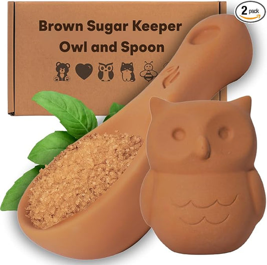 Sifri 3D Brown Sugar Keeper 2-in-1 Set – Terracotta Clay Owl & Spoon Saver Softener – Cute Kitchen Storage & Freshness Holder for Sugar – Gift for Bakers (2, Owl and Spoon)