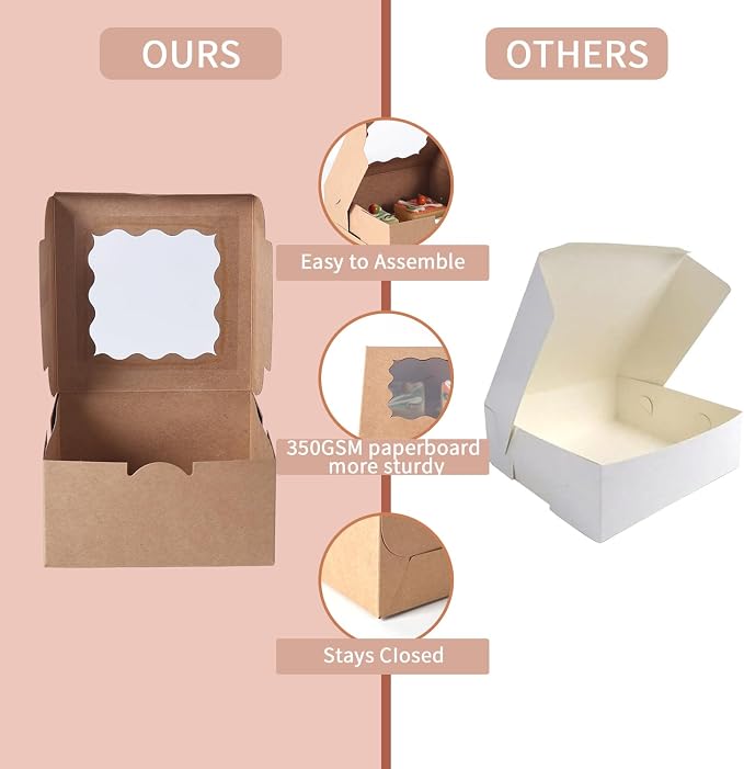 100 pcs 6x6x3 Inches Small Cake Box with Window, Bakery Pastry Cookie Boxes, Mini Pie container for Pastry,Dessert,Strawberries,Chocolates, Cupcakes with paper stickers (Brown)