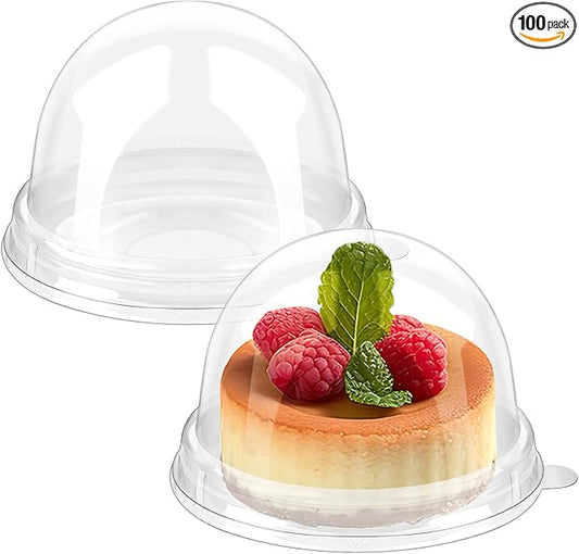 Zezzxu 100 Pack Mini Cake Containers, Clear Plastic Small Cupcake Boxes with Dome Lids for Individual Chocolate Covered Cookies, Strawberry, Mooncake (Clear Base)