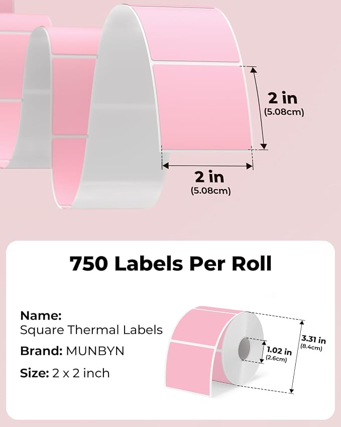 MUNBYN 2"x2" Square Thermal Labels, Compatible with Multiple Thermal Printers, Strong Adhesive, White Address Labels for Barcode, 750 Sheets/Roll, Pink