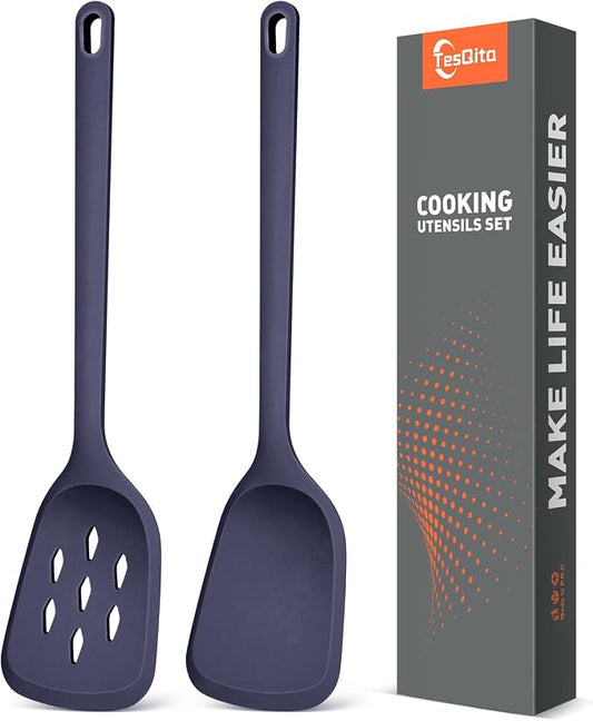 Silicone Cooking Spatula&Slotted Spatulas, Pack of 2,Solid Turner Kitchen Utensils Set for Cooking,Frying, Baking, Flipping, Turning,Heat Resistant 450℉ (BLUE)