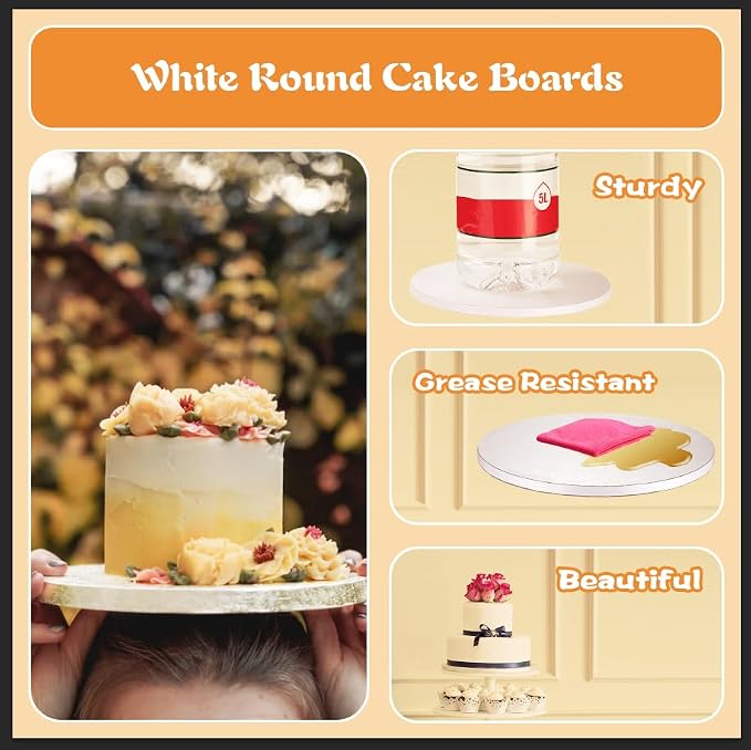 10 Inch Cake Drums with Banner Cake Topper-Cake Board Round White(12-Pack) 1/2 Inch Thick Cake Boards Sturdy, Greaseproof for Birthday Wedding Multi-Tiered Party Cake Boards