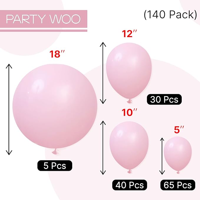 PartyWoo Light Pink Balloons 140pcs Different Sizes of 18 12 10 5 Inch Pastel Pale Baby Pink Balloon Arch Kit Garland for Baby Shower Bachelorette Bridal Shower Birthday Party Decorations Pink-Y48