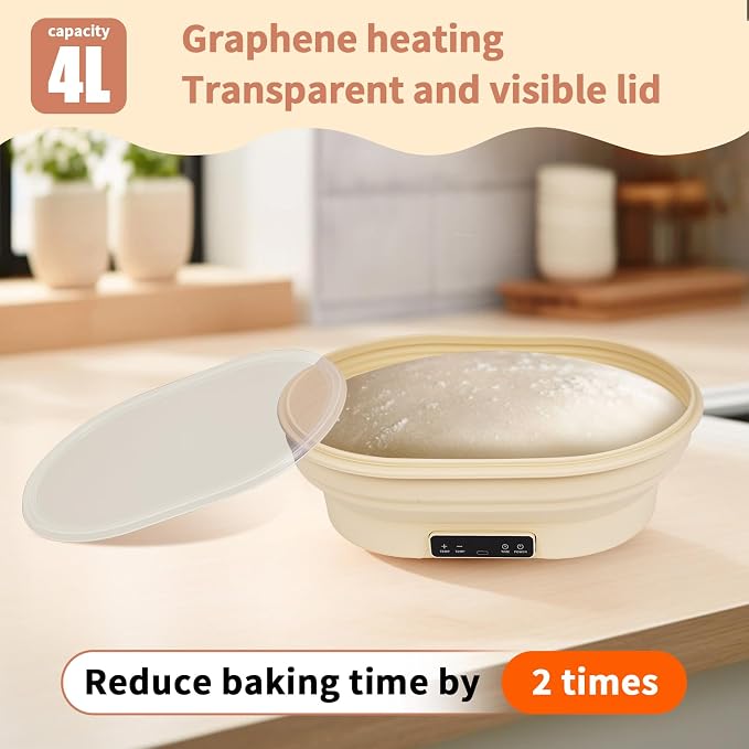 XPXKJ Heating Bread Proofing Basket Set Foldable Thermostatic Silicone Bowl with 77-122℉ 6 Gears Temperature & 6H Timer, Baking Sourdough Starter Bread Making Supplies Tools Kit (13.7×10.2×4.3'')