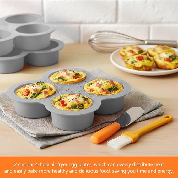 2 Pack Air Fryer Egg Bite Molds, 4 Cups Round Muffin Pans, Silicone Egg Bite Molds with Spreader＆Oil Brush Nonstick Air Fryer Baking Pan for Cupcake, Muffin, Tart, Frittata, Quiche