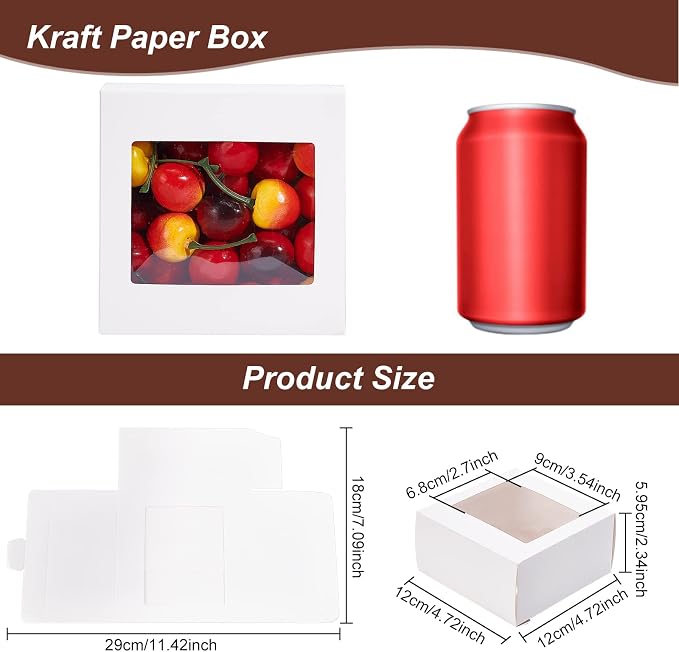 BENECREAT 18Packs 4.7x4.7x2.4inch Clear PVC Square Window Gift Boxes, White Kraft Paper Present Boxes for Baby Showers, Weddings, Birthday Parties