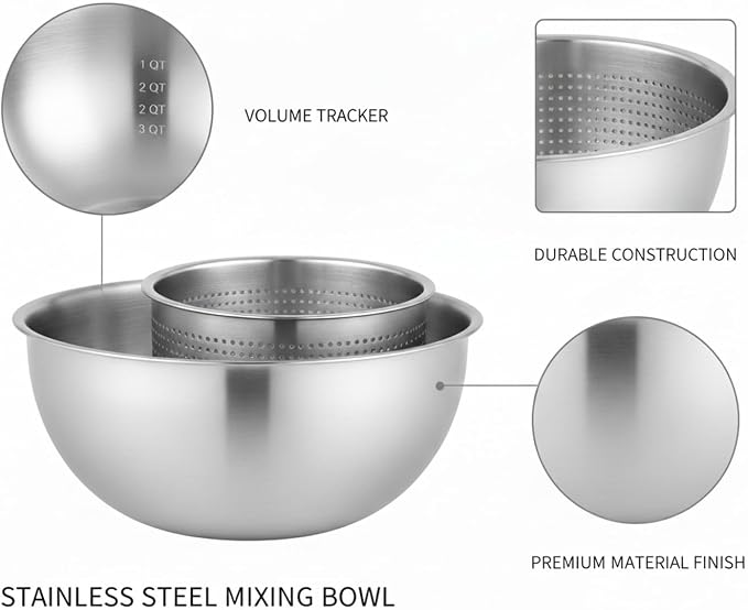 Stainless Steel Mixing Bowl Set with Nested Strainer, 2-in-1 Prep Basin for Washing, Draining, and Mixing