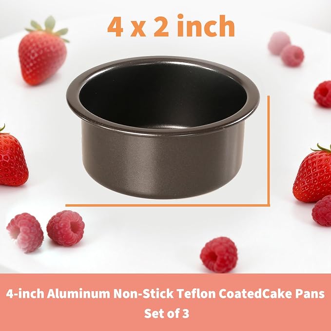 4 Inch Mini Cake Pans Set of 3, Small Round Carbon Steel Smash Cake Pans for Baking Individual Layer Cakes, Non-Stick Tiered Cheesecake Molds, Straight Edge & Dishwasher Safe
