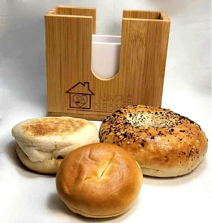 Bamboo Bagel Slicer w/Two Plastic Inserts & Non-Slip Silicone Pad - Adjustable Cutter Holder for Small & Large Bagels - Moisture Resistant & Thick Base