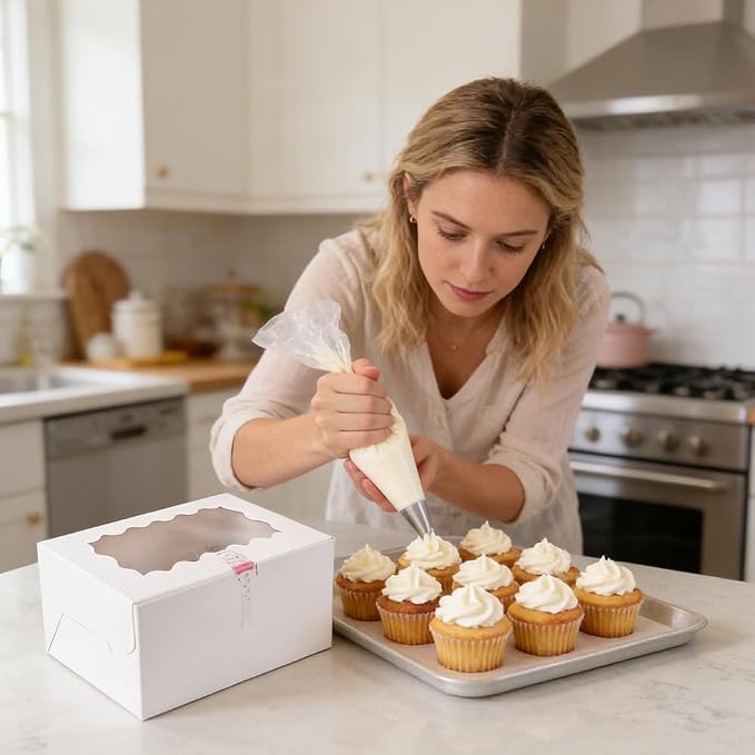 Cupcake Box Combo with Clear Window 4Sets Bento Cake Box with Cupcakes, 2 Cupcakes and 1 small Cake for Birthday Party Holiday Bakery Supplies(White/clear, 1+2/4pcs)