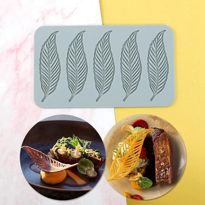 TUKE 3D Leaves Silicone Molds Flower Cake Fondant Mat Bee Leaf Pastry Moulds Rose Impression Chocolate Hollow Lace Mold (Feather_7.8x4.6x0.12inch_H)