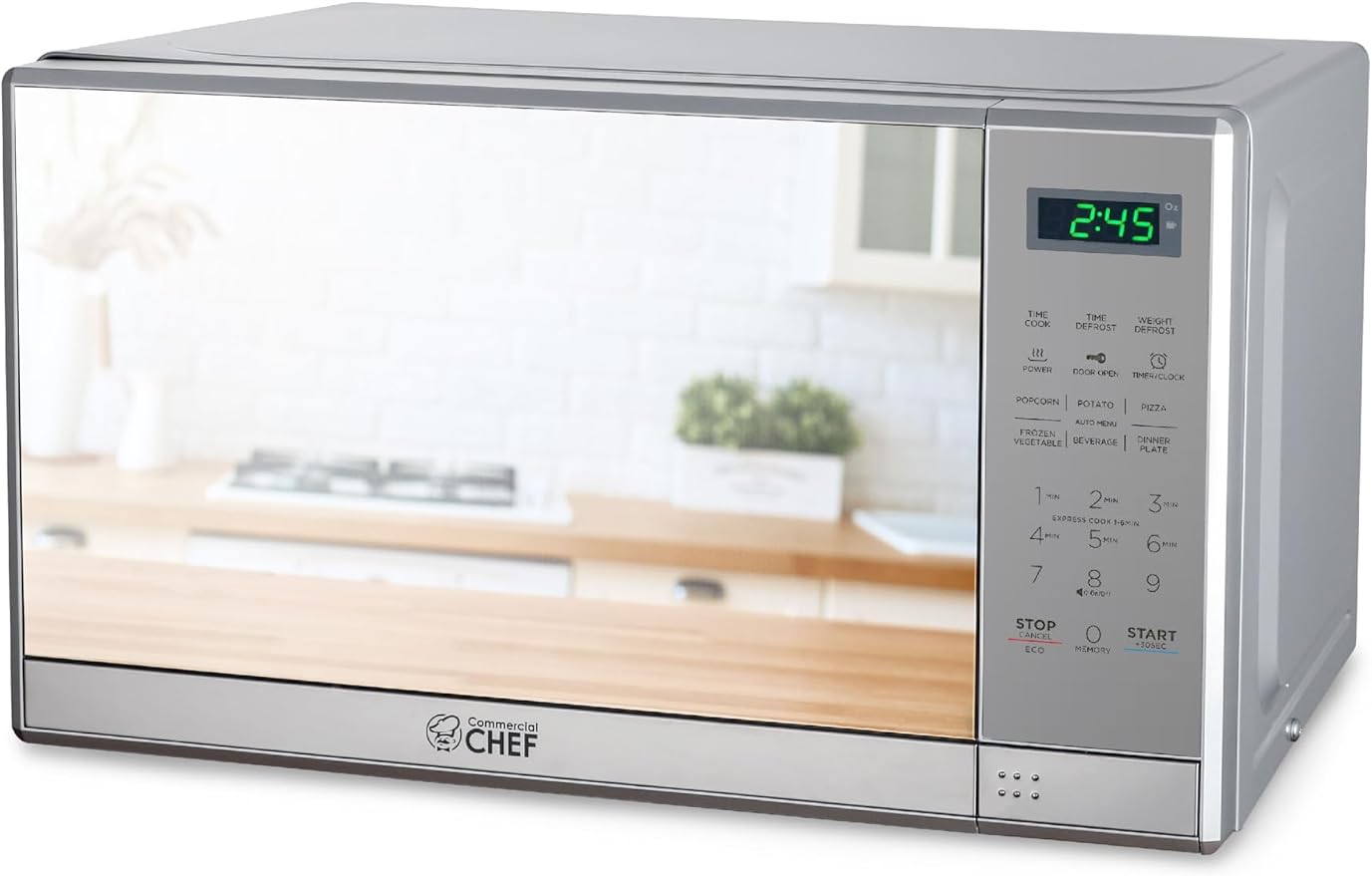 Commercial Chef 0.7 Cu. Ft. Countertop Microwave Oven, Touch Controls with Digital LED Display, 700W Microwave with 10” Turntable Plate, Push Button Door, 10 Power Levels, CHM7MS, Stainless Steel