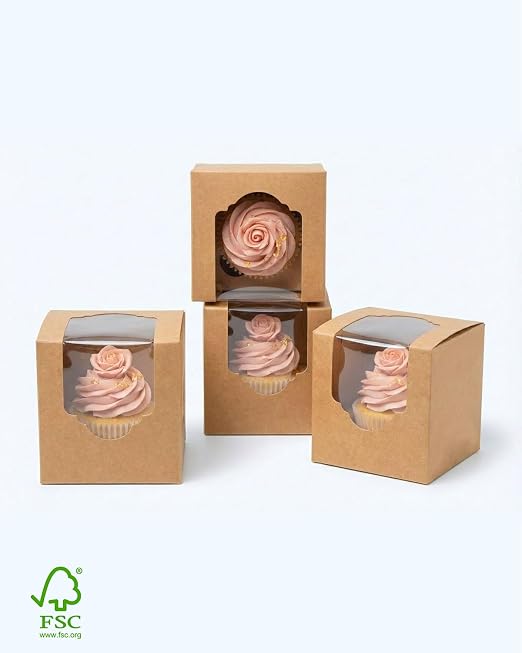qiqee Brown Auto-pop up Cupcake Boxes Individual Cupcake 3.5x 3.5x 3.5inch 200pcs Single Cupcake Boxes