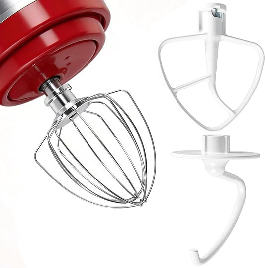 3-Piece Kit Stand Mixer Attachments Set for KitchenAid, Reinforced Stainless Steel Wire Whip & Upgraded Coated Flat Blade Paddle & Dough Hook, Fit for Kitchenaid 4.5-5QT Tilt-Head Stand Mixers