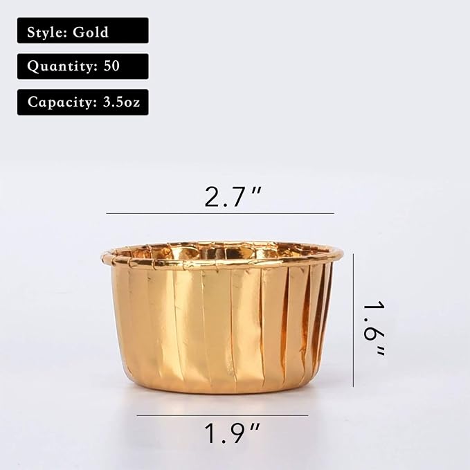 Party Hippo Cupcake Cups, 3.5 Oz 50 pcs Disposable Foil Muffin Liners, Gold Baking Cups, Ramekin Aluminum Cupcake Tip Pan Ramekin Holders, Little Baking Cups (50, Gold)