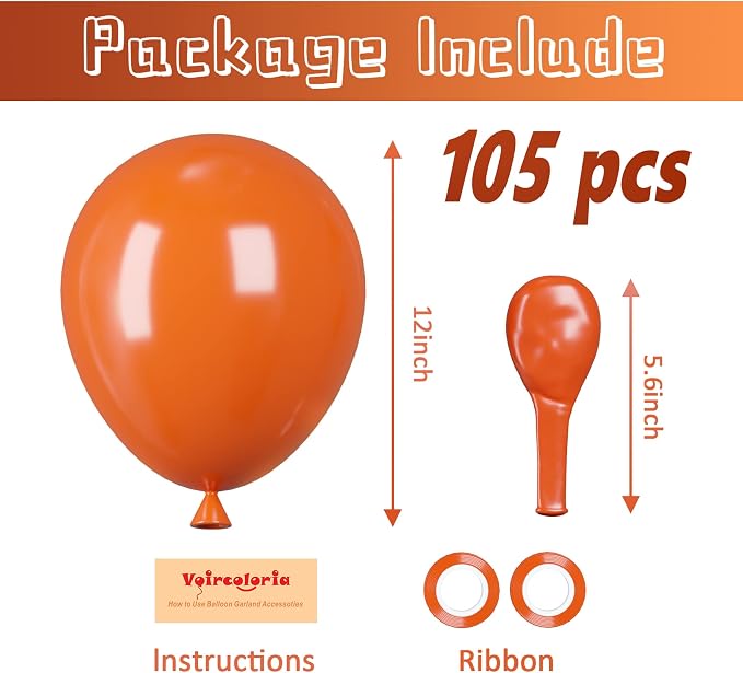 Voircoloria 105pcs Orange Balloons 12inch Party Latex Balloons for Boys Girls Birthday Baby Shower Gender Reveal Wedding Sunflower Party Decorations