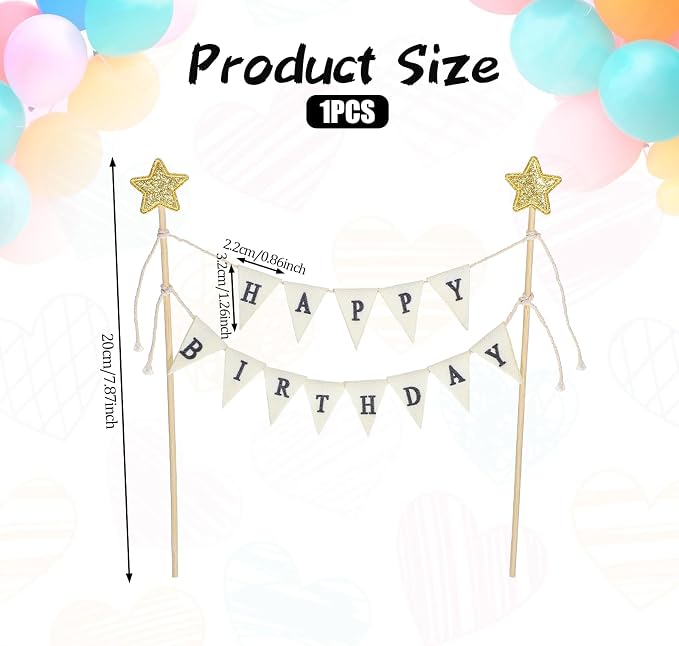 Happy Birthday Flag Banner Cake Topper, Handmade Pennant & Star Garland Birthday Cake Flag Decoration Happy Birth Day Sign & Garland for Party Supplies