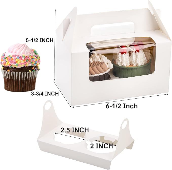 Jucoan 60 Pack 2 Count White Paper Cupcake Boxes with Insert, Handle and Window, Portable Cupcake Muffin Containers, Gable Bakery Gift Boxes Party Favor Treat Boxes for Wedding Birthday Father's Day