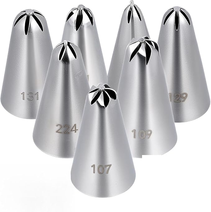 7 Pcs Drop Flower Piping Tips Set, 107, 109, 129, 131, 191, 224, 225 Stainless Steel Icing Tip for Swirl, Rosette, Cake Cookie Decorating Floral Patterns