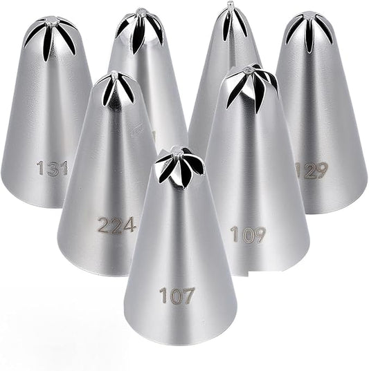 7 Pcs Drop Flower Piping Tips Set, 107, 109, 129, 131, 191, 224, 225 Stainless Steel Icing Tip for Swirl, Rosette, Cake Cookie Decorating Floral Patterns
