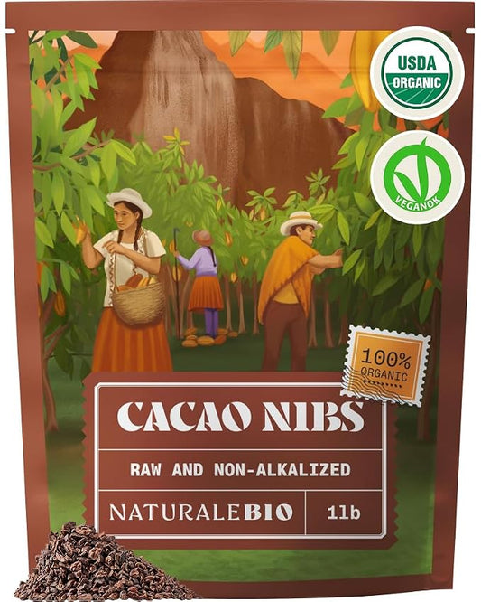 NaturaleBio Cacao Nibs Organic 1 lb. Unsweetened, Non-Alkalized and Pure. Sugar-Free Dark Chocolate Chips Substitute. Non-GMO, Gluten Free, Tested for Heavy Metals. From Raw Cacao Beans