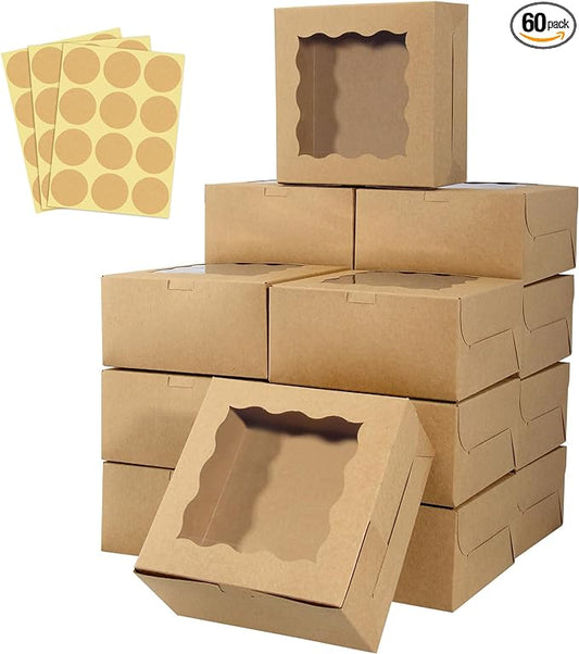 60 pcs Bakery Boxes with Window, 6 x 6 x 3 inches, Kraft Cookie Boxes Pastry Boxes for Baked Goods (Brown)