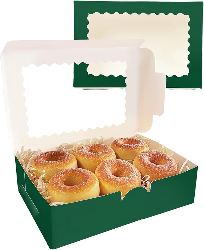qiqee 50Pcs Deep Green Cookie Box with Window 9x6x2.5 inch Pastry Macaron Bakery Box For Packaging