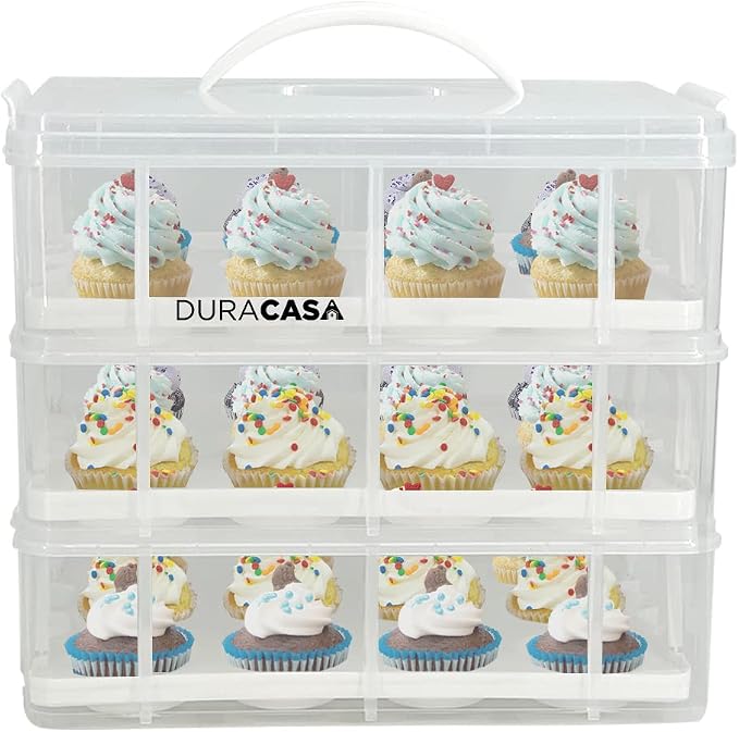 Cupcake Carrier, Cupcake Holder | Premium Upgraded Model Holds Cupcakes Steadier | Store up to 36 Cupcakes or Muffins | Stacking Cupcake Storage Container | Use 1,2, or 3 Tiers (White)