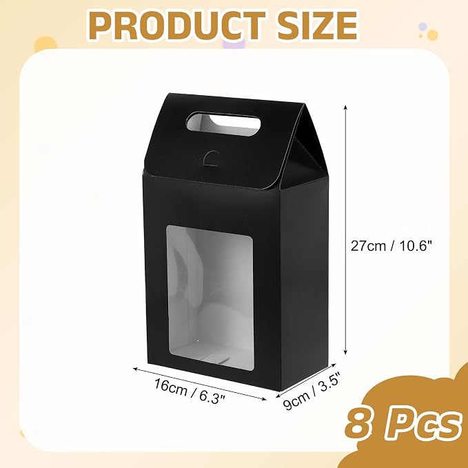 uxcell 8Pcs Gift Boxes, Favor Box with Clear Window and Handle, Stand Up Favor Treat Boxes for Candy, Cookies, Party Store, Packaging, Wedding, Black
