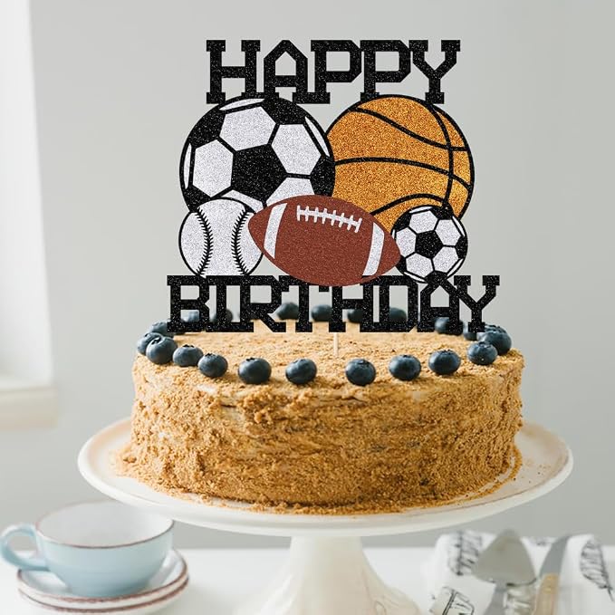 Sports Happy Birthday Cake Topper， | Boys and Girls Sport Theme Party Decoration，Football basketball Rugby baseball Cake Decorations Birthday Decor for Sport