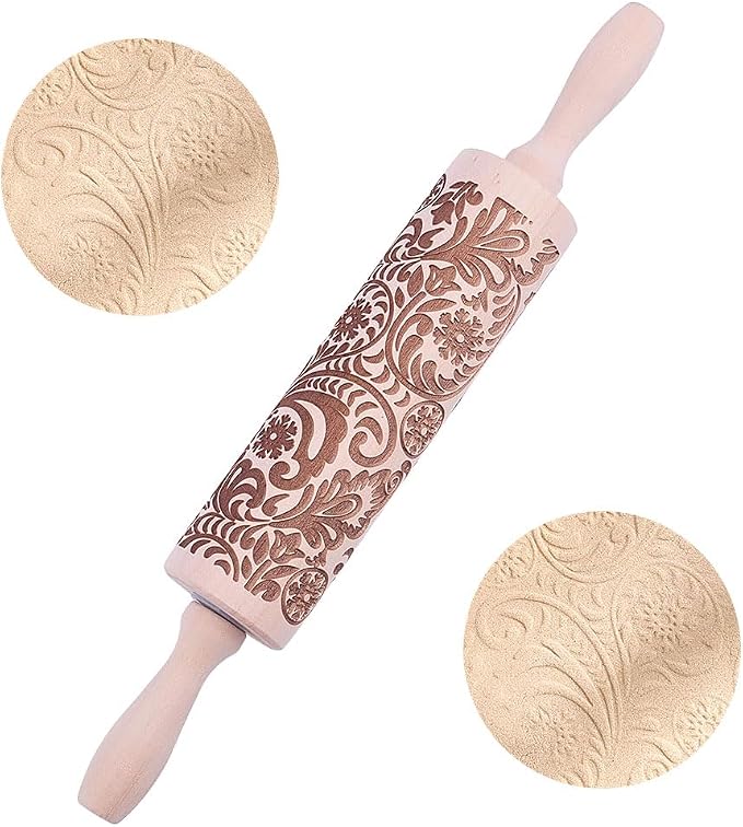 Embossed Wooden Rolling Pin Darker 3D Snowflake Rattan 30cm Rolling Pin for Baking Biscuits DIY Kitchen Tool Baking Accessories Homemade Bakery Pastry Cookie Fondant Dough Pizza