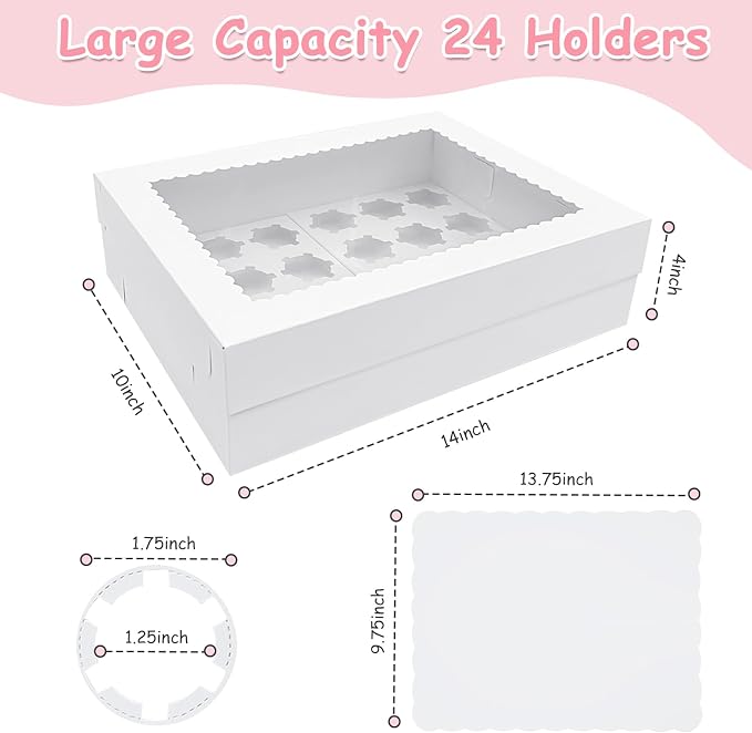 4 Pack White Cupcake Boxes with Cake Boards for 24 MINI Cupcakes, Food Grade Dessert Muffins Box Cupcake Carrier Containers with Window and Inserts for Birthday Holiday Party Bakery Supplies