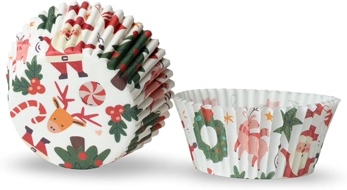 500 Paper Cupcake Liners, Muffin Liners or Baking Cups for Desserts, Muffins, Cupcakes and More Treats; Grease Proof, Food Grade, Nut Serving Containers (Christmas)