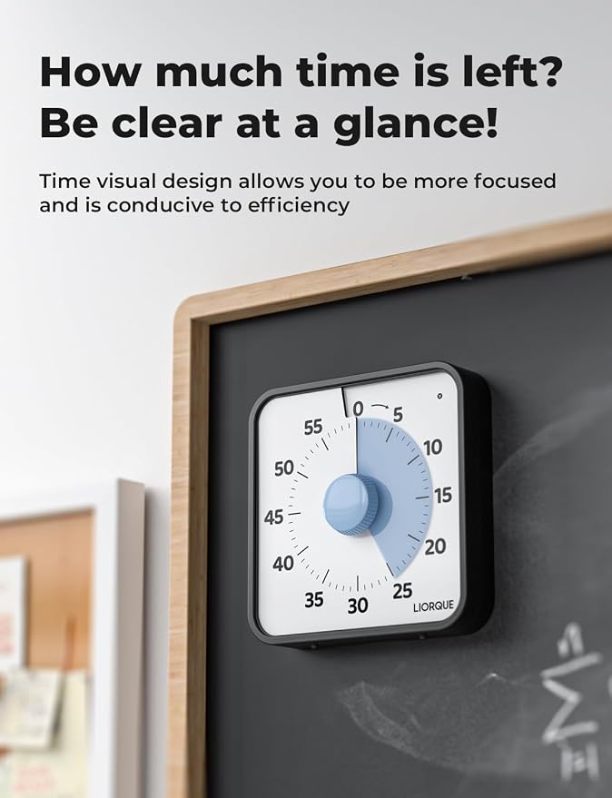 LIORQUE 60 Minute Visual Timer for Kids and Adults, Non-Ticking 7.5 Inch Large Visual Countdown Timers for Classroom Desk Countdown Clock with Magnetic Backing, Kids Pomodoro Timer Clock