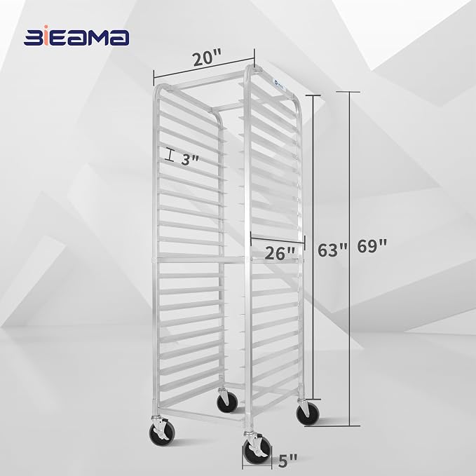BIEAMA 20-Tier Sheet Pan Rack, NSF Bun Pan Rack, Aluminum Bakery Rack, Home Commercial Kitchen Bakery Cooling Rack, 4 Wheels