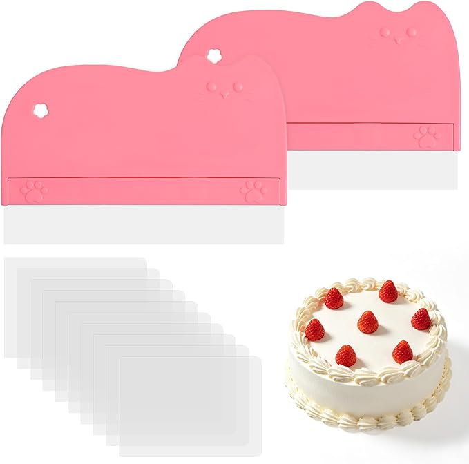 12Pcs Cake Scraper Smoother Scraper Set, Alisador de Acetato Para Pasteles - 2 Pink ABS+PVC Scrapers with 10 Transparent Blades for Baking and Decorating