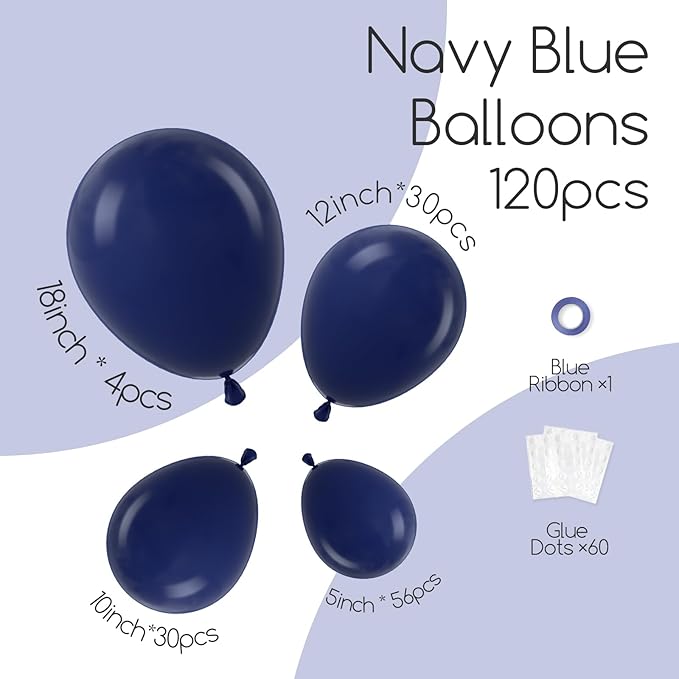 120pcs Navy Blue Balloons, 18 12 10 5 inch Navy Blue Balloons Different Sizes Dark Blue Balloon Arch Kit for Graduation Wedding Birthday Party Decorations
