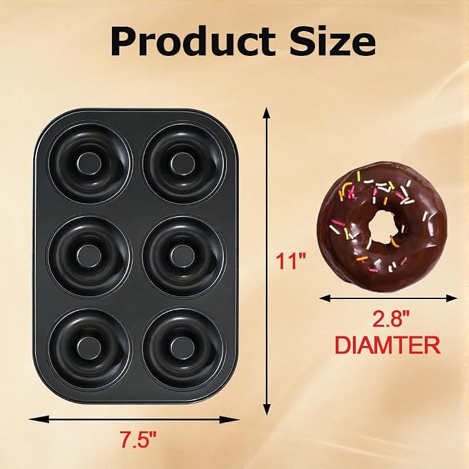 2 Pack Nonstick Donut Baking Pans, 6 Cavity Easy Steel Clean Doughnut, Oven Safe Heat Resistant, Reusable Bakeware for Making Donuts Bagels Homemade Desserts (Black, 6 Cup)