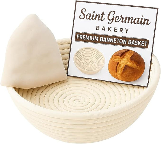 Saint Germain Bakery Premium Round Bread Banneton Basket with Liner - Perfect Brotform Proofing Basket for Making Beautiful Bread (9 inch)