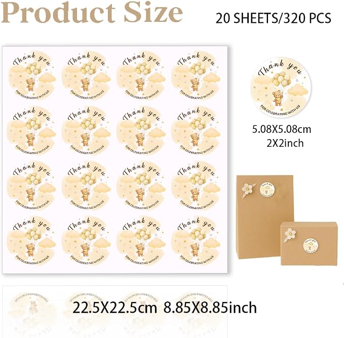 320 Pcs Balloon Bear Thank You Stickers, 2 Inch Round Gold Foil Thank You Gift Stickers Waterproof Self-Adhesive Packaging Sticker for Packaging, Gift Bags Boxes Orders