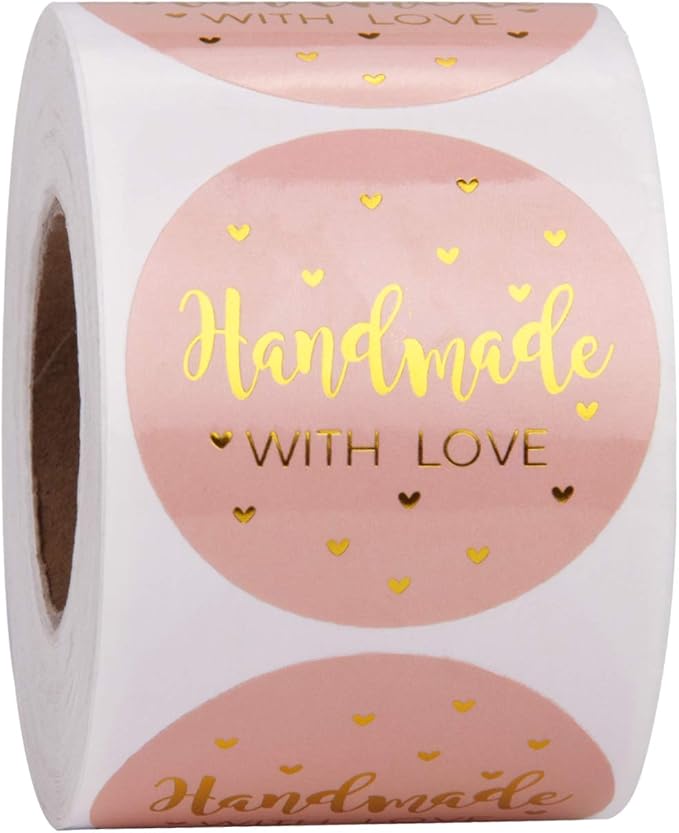 WRAPAHOLIC 2 Inch 500 Total Labels - Handmade Business Gift Sticker - Pink with Gold Foil Sticker for Shopping Small Shop Handmade