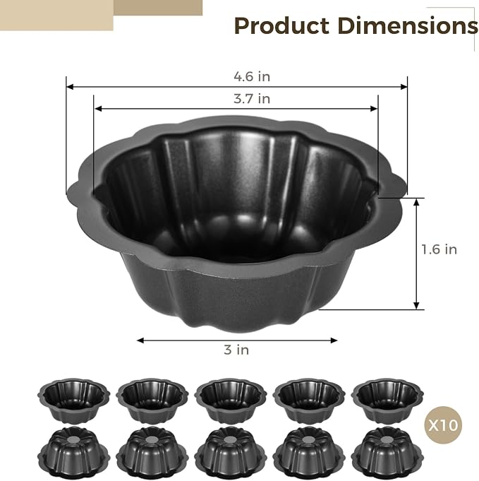 Homaisson Mini Fluted Tube Pan - 10 Pcs, 4.5Inch Carbon Steel Mini Cake Molds, Nonstick Reusable Oven Baking Mold for Cupcake, Bread, Bavarois, Brownie