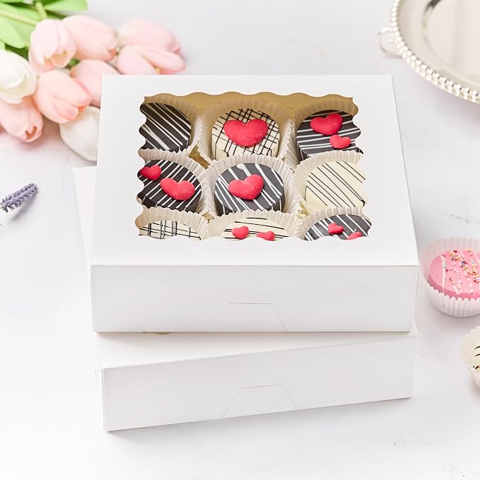 Kucoele Pie Boxes, 9 x 9 x 2.5 Inches, 20 PCS, White | Auto-Popup, with Window, Bakery Boxes, Cookie Boxes, Treat Boxes, For Chocolate Strawberries, Pastries, Muffins, Donuts