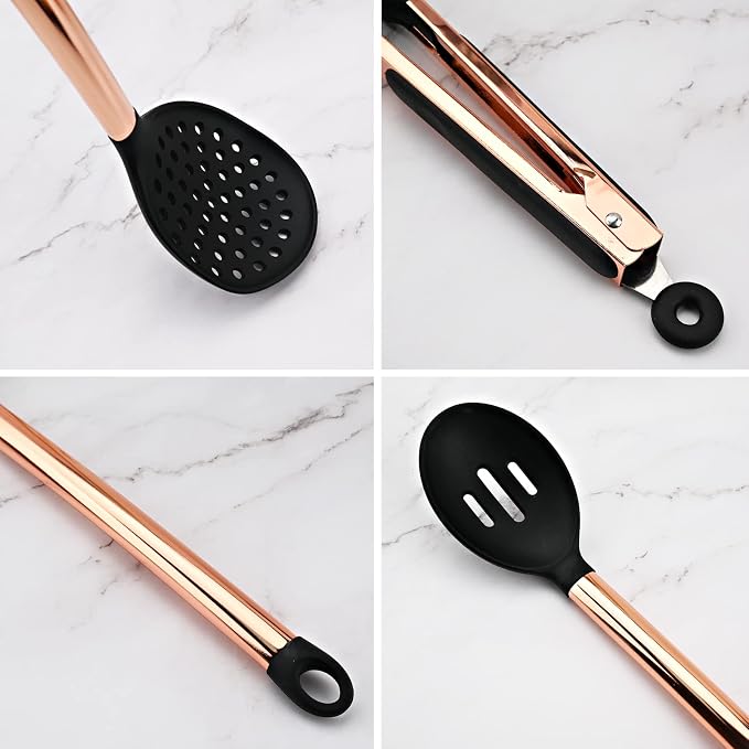 1pc Black & Copper Silicone Slotted Spoons Cooking Large Serving Spoon, Heat Resistant Cooking Utensils for Kitchen Cooking Baking Stirring Mixing Tools