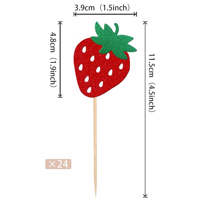 24 PCS Strawberry Cupcake Toppers Red Glitter Fruit Theme Berry Strawberry Cupcake Picks for Summer Sweet Fruit Baby Shower Kids Birthday Party Cake Decorations Supplies Red