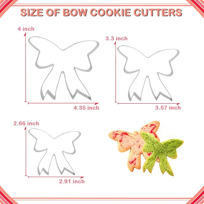3 Piece Ribbon Bow Cookie Cutter Set,3" 3.5" 4.4" Stainless Steel Cookie Cutters for Baking Fondant Fruit Birthday Cake Decoration